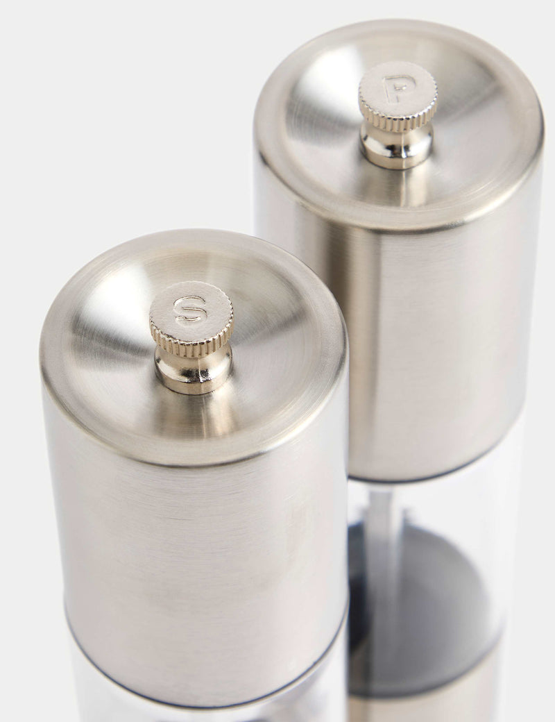 Stainless steel salt and pepper mills (British brand)