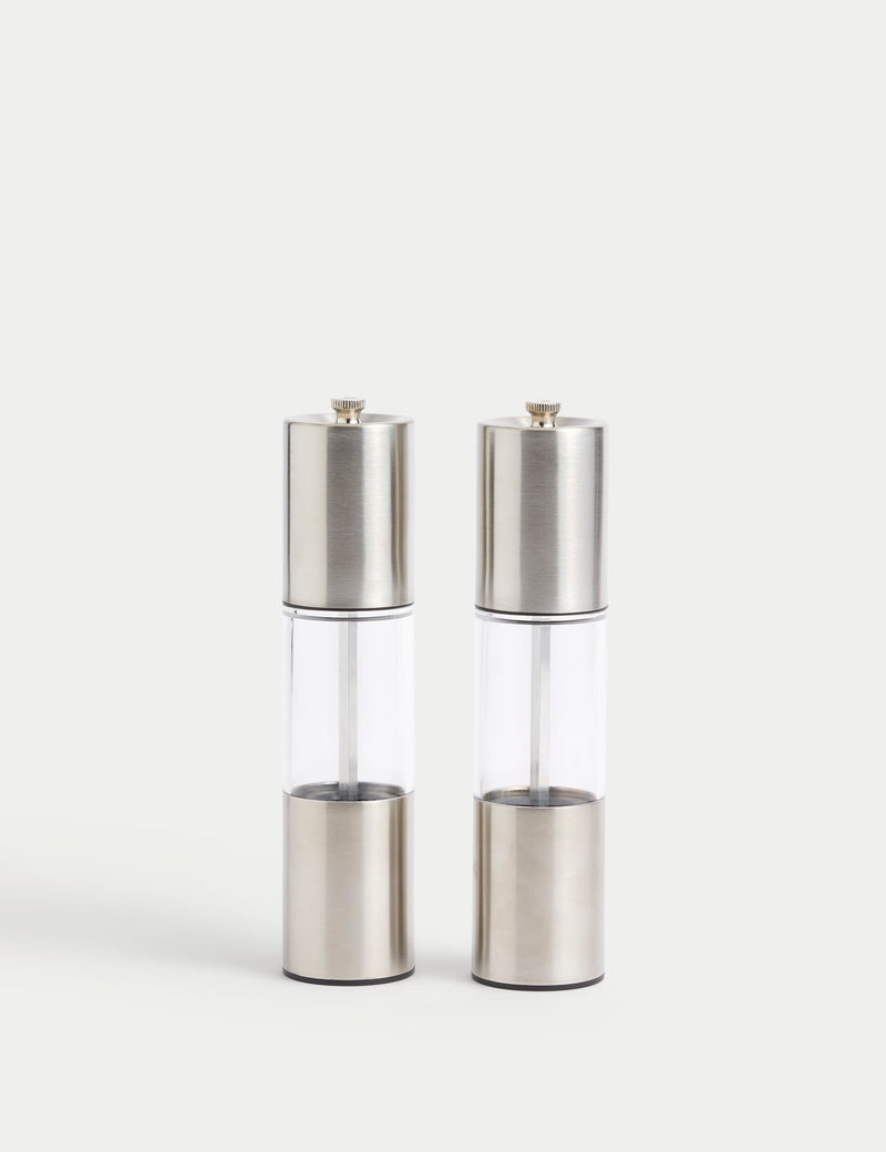 Stainless steel salt and pepper mills (British brand)