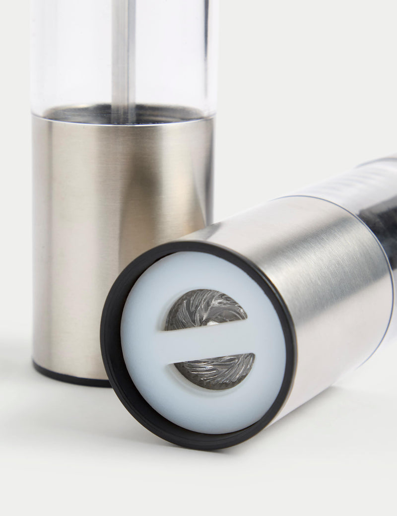 Stainless steel salt and pepper mills (British brand)