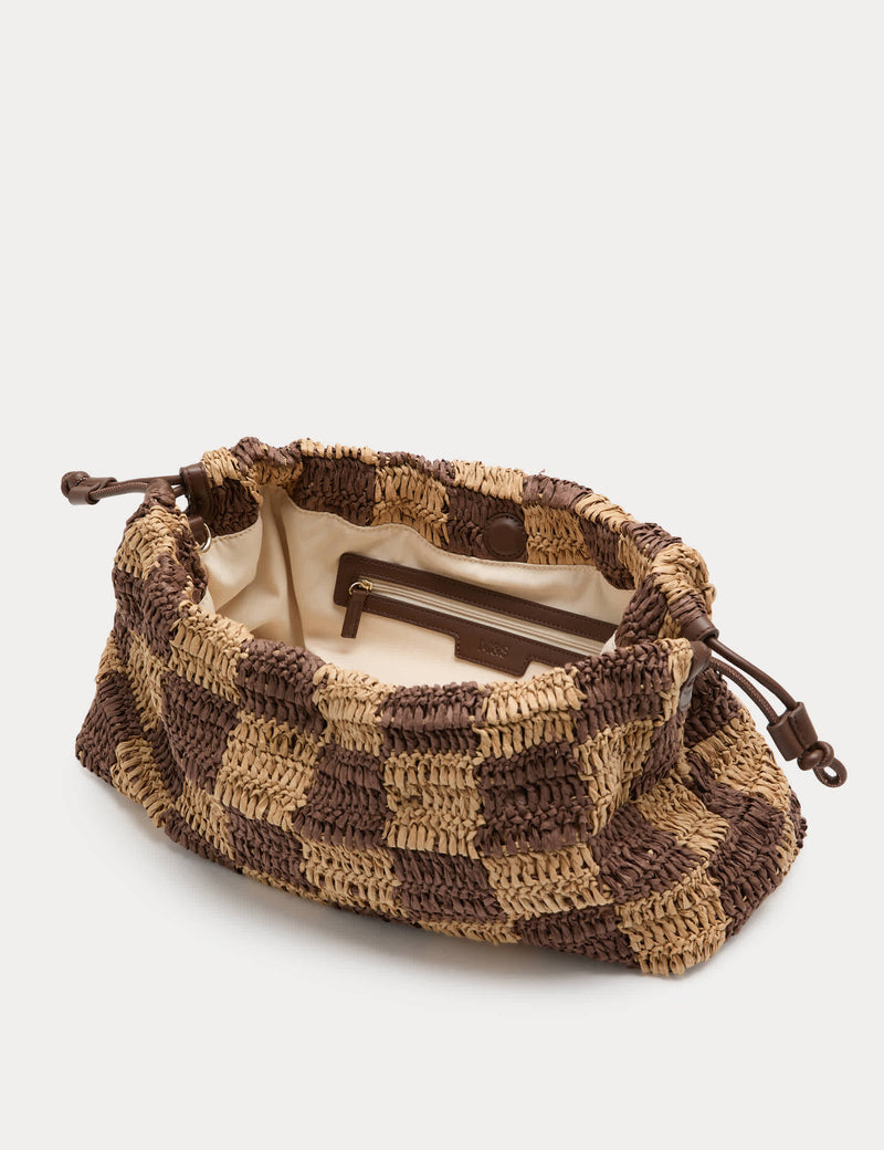 M&S straw check drawstring beach bag 44 cm wide, UK version