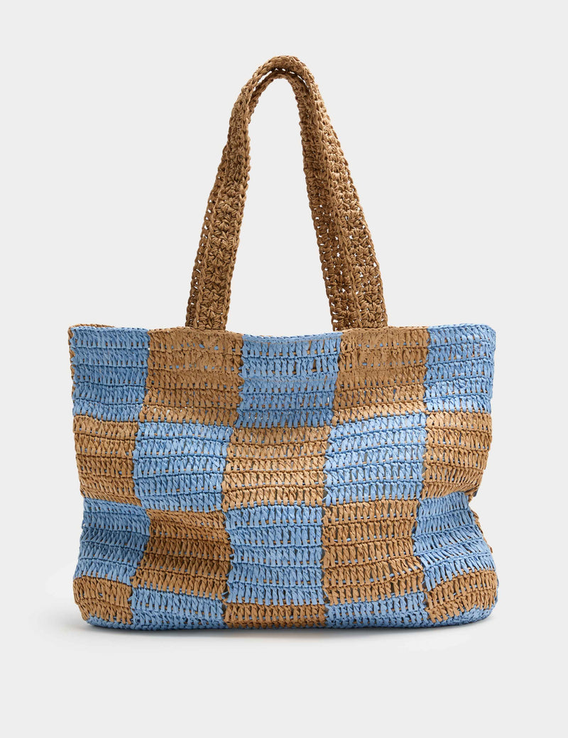 M&S straw checkerboard tote bag with drawstring fastening, UK version