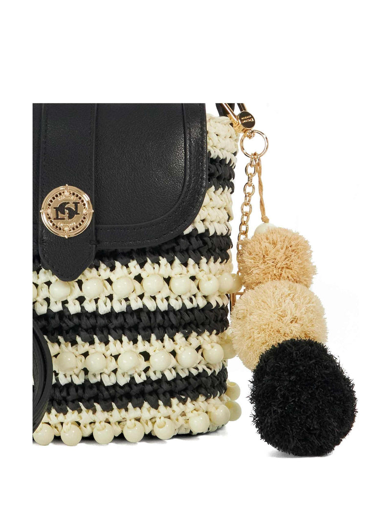 Dune London straw cross body bag with pom pom charm (British brand)
