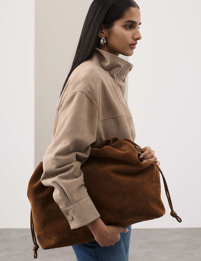 Autograph suede shoulder bag with drawstring sides - British product