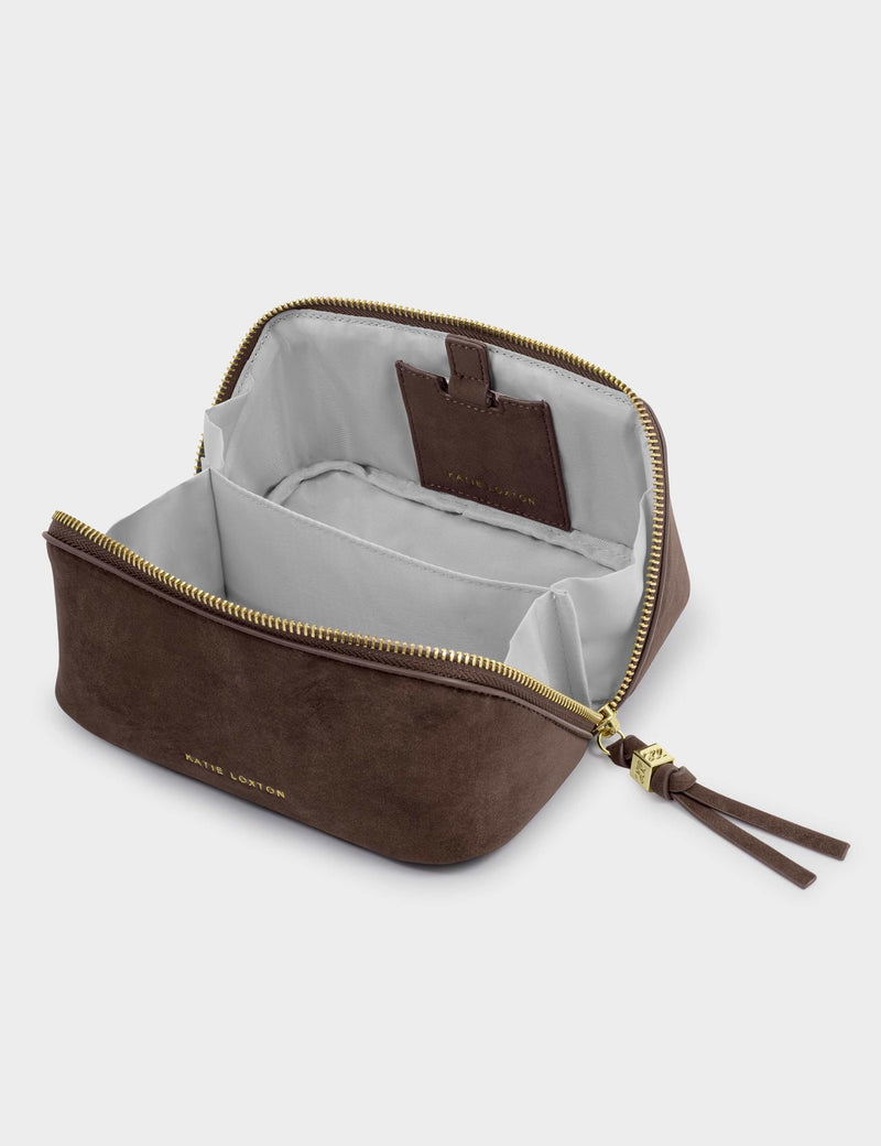 Katie Loxton suede fold-out mirror makeup bag, imported from the UK