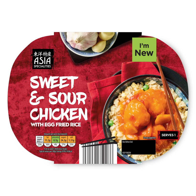 Sweet & Sour frozen ready meal with egg fried rice - British product