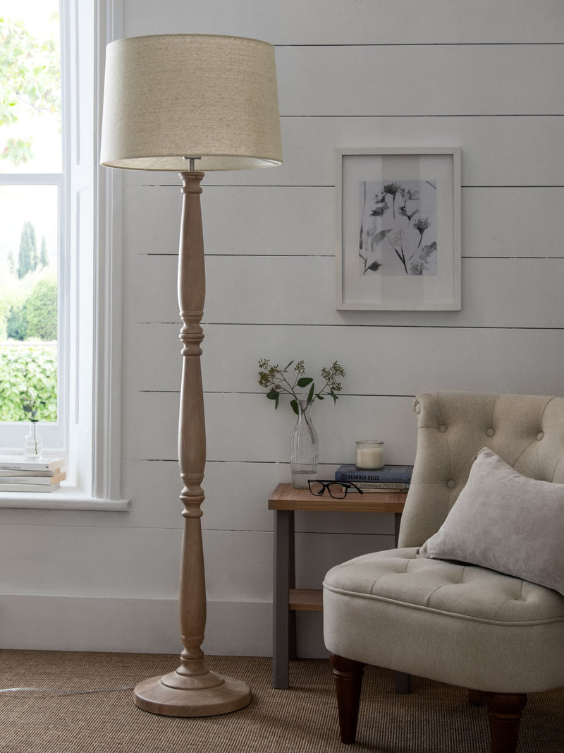 Clifton natural wood floor lamp with fabric shade (British brand)