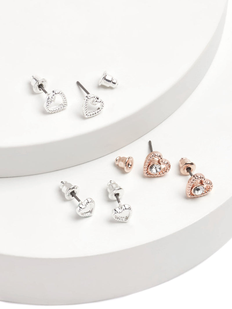 Rose gold and silver heart stud earrings, 3 pack imported from UK
