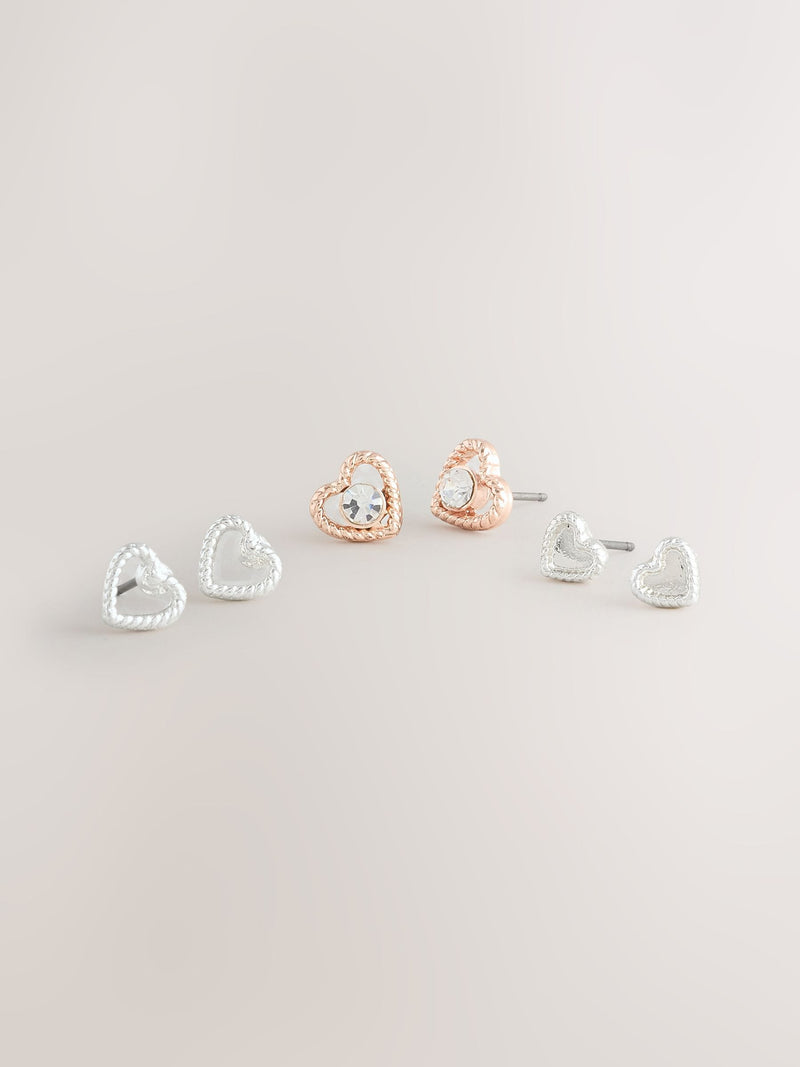 Rose gold and silver heart stud earrings, 3 pack imported from UK