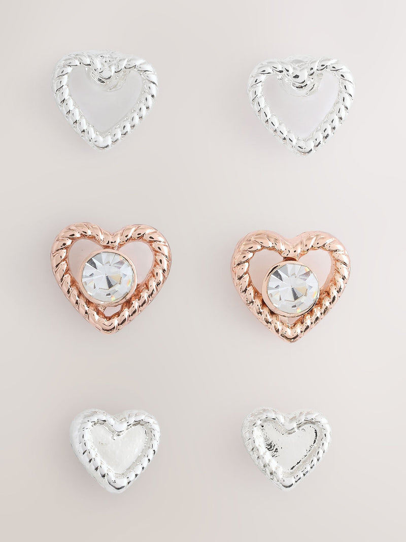 Rose gold and silver heart stud earrings, 3 pack imported from UK