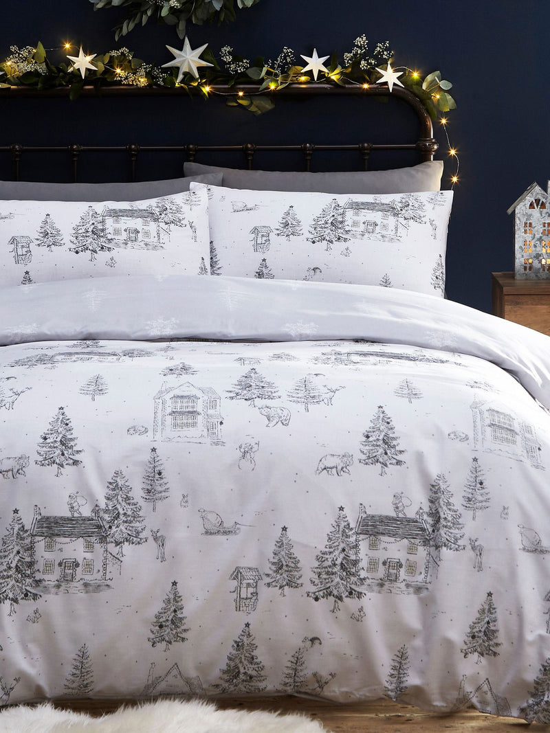 White Midwinter Toile Christmas duvet cover and pillowcase set - British product