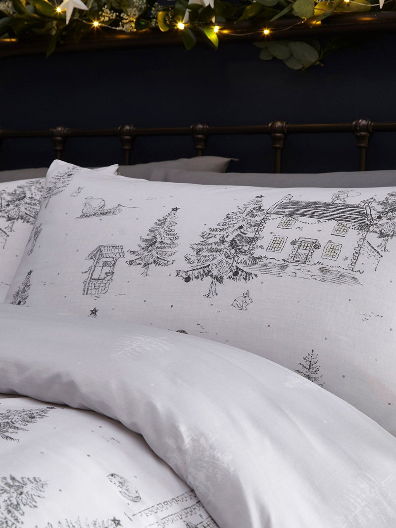 White Midwinter Toile Christmas duvet cover and pillowcase set - British product
