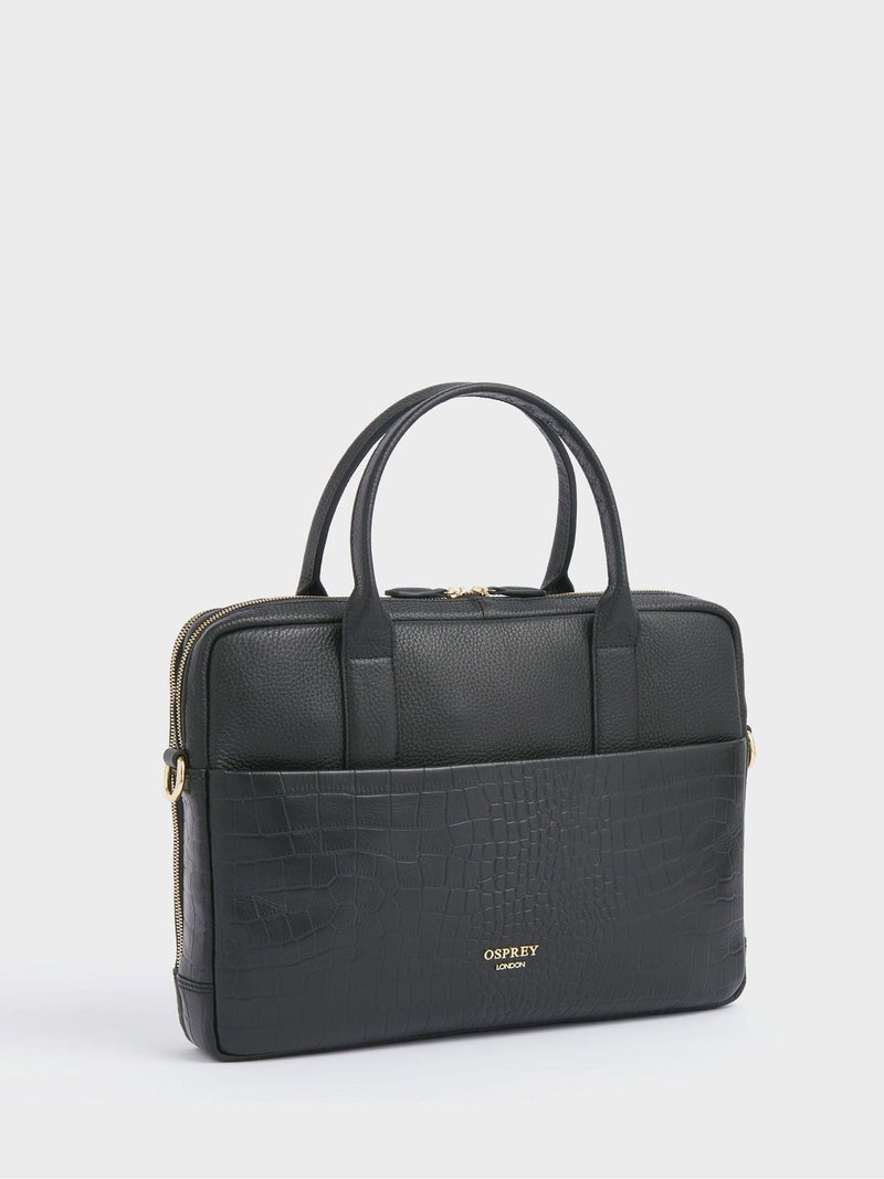 Osprey London Black Kellie croc grain leather laptop bag - British product