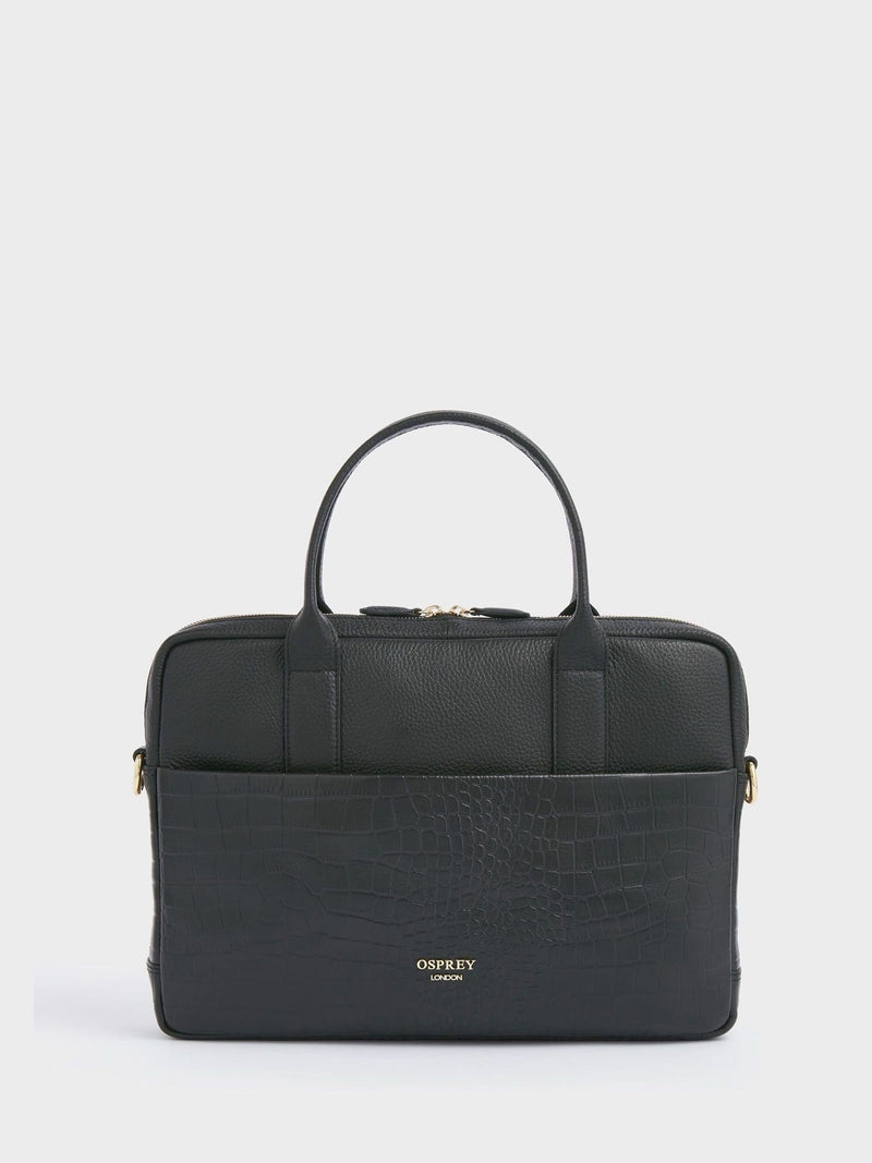 Osprey London Black Kellie croc grain leather laptop bag - British product