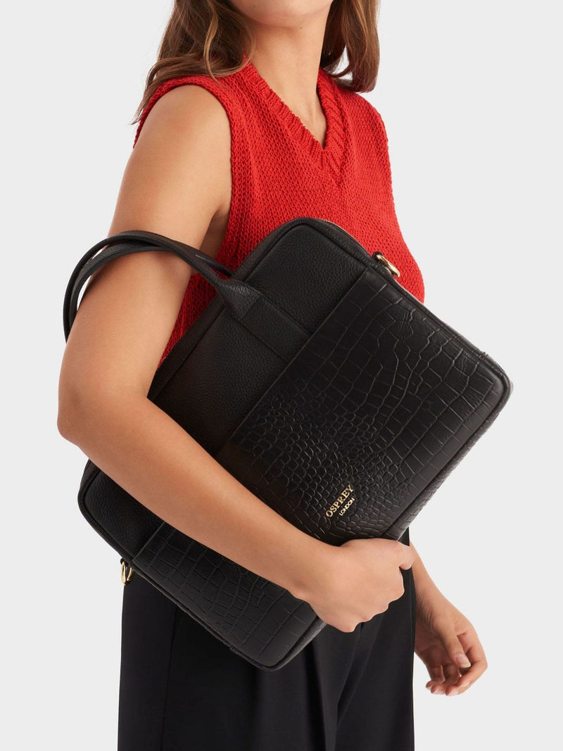 Osprey London Black Kellie croc grain leather laptop bag - British product