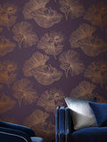 Graham & Brown Plum Purple Lotus Floral wallpaper sample, imported from the UK
