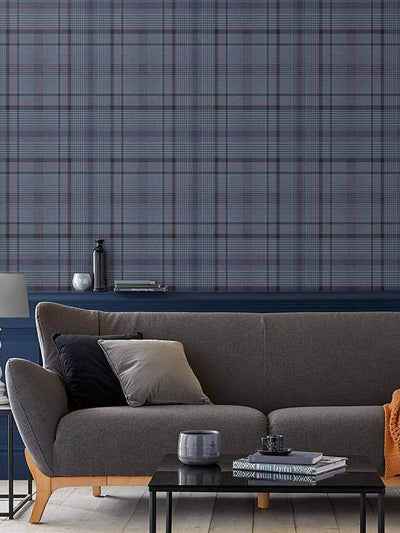 Next Graham & Brown Navy Blue Heritage Plaid Wallpaper Sample- Buy online at McGrocer