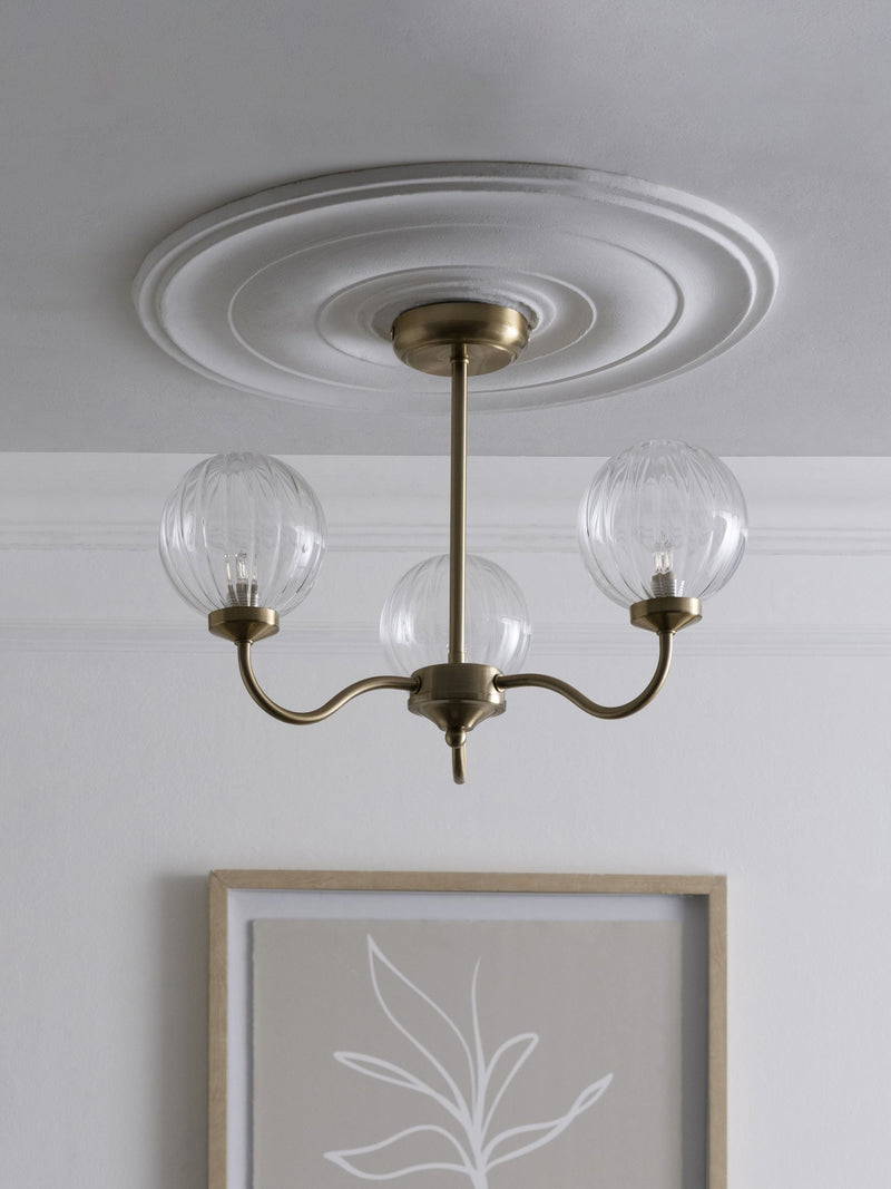 Brass Bourton flush ceiling light with 3 glass shades, imported from the UK