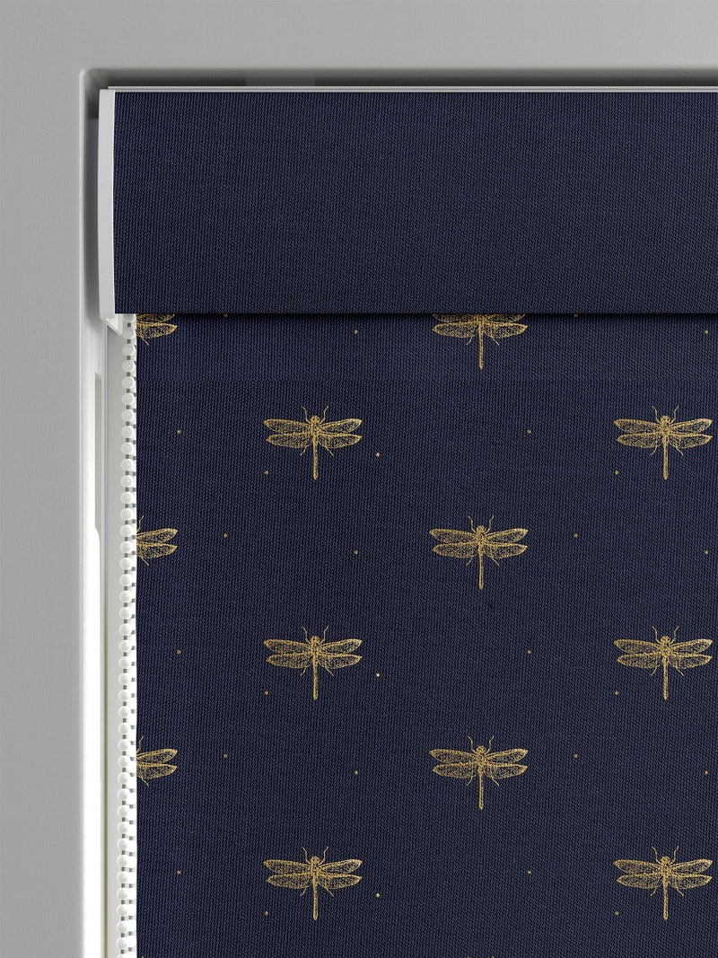 Sara Miller navy roman blind with dragonflies, imported from the UK