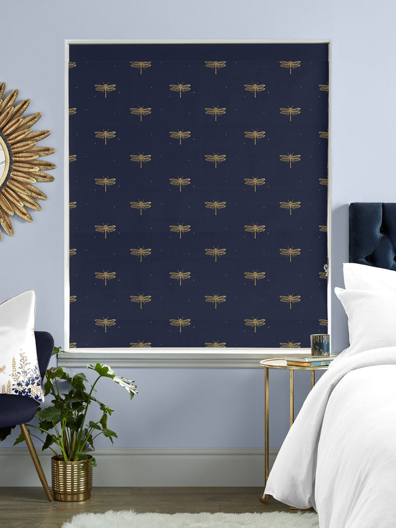 Sara Miller navy roman blind with dragonflies, imported from the UK