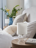 Bourton bedside table lamp ribbed glass base fabric shade UK version