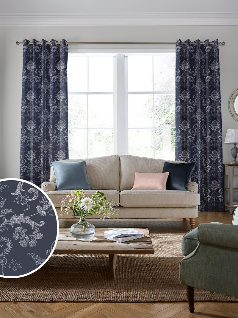 Laura Ashley Josette midnight blue damask fabric by the metre - British product
