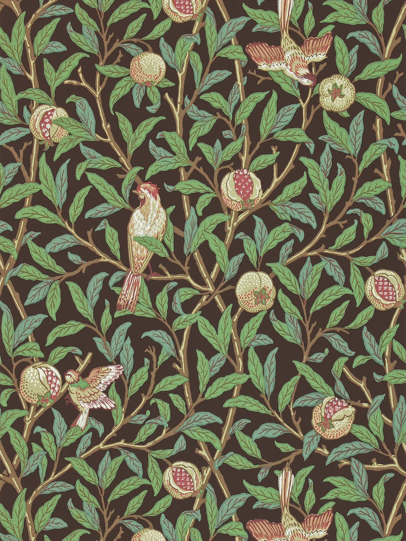 Morris & Co. wallpaper sample Brown Bird Pomegranate, UK version