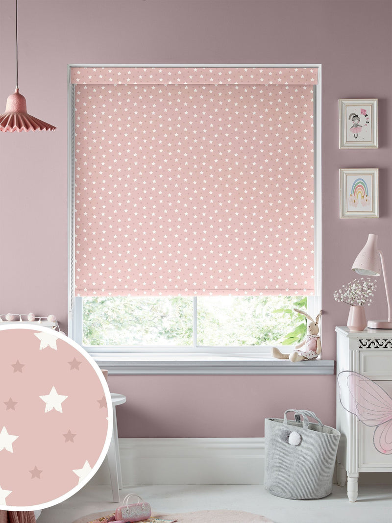 Blush pink ditsy stars roller blind, imported from the UK