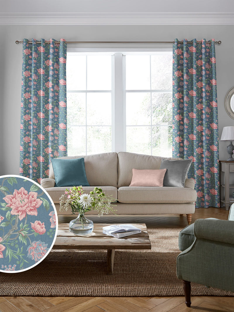 Laura Ashley blue tapestry floral fabric by the metre (British brand)