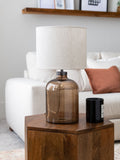 Table lamp brown bubbled glass base linen shade, imported from the UK