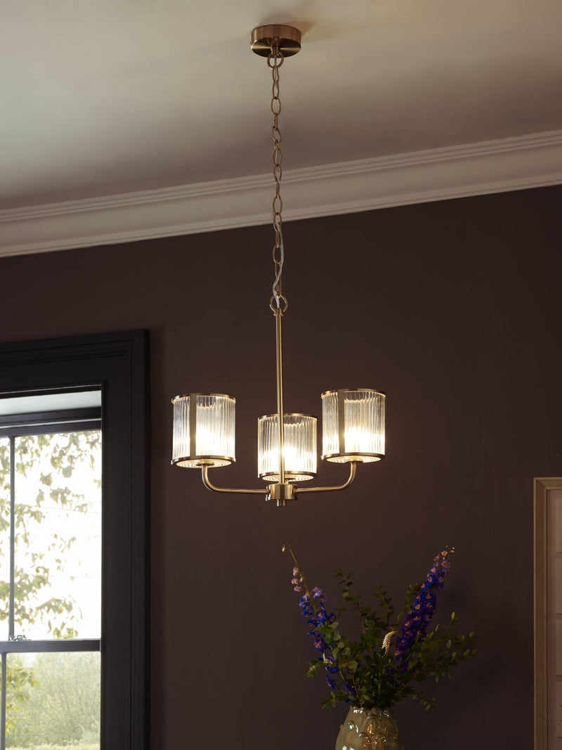 Brass Hertford ceiling light fitting with clear reeded glass (British brand)