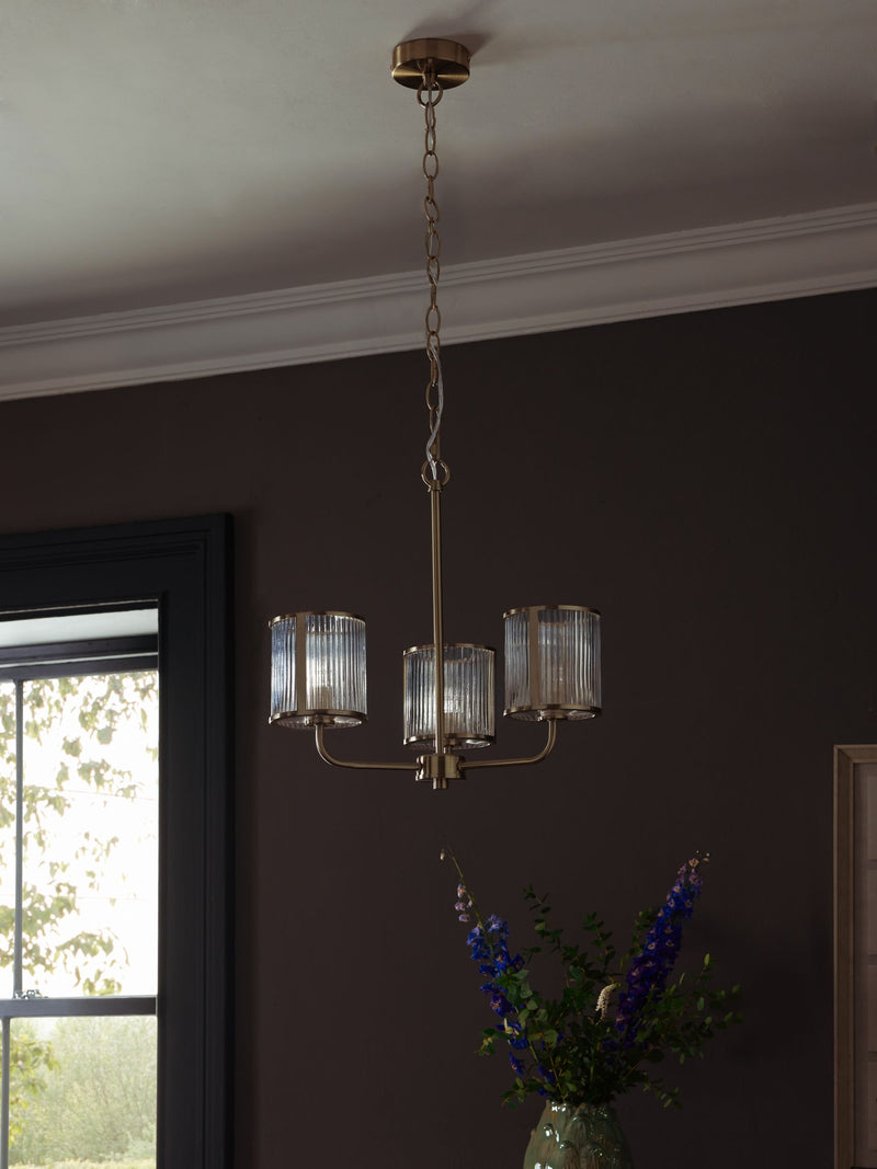 Brass Hertford ceiling light fitting with clear reeded glass (British brand)