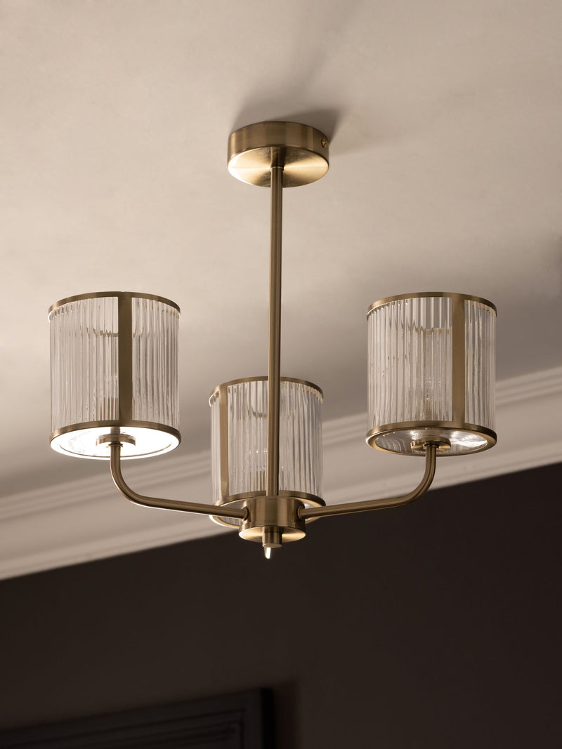 Brass Hertford ceiling light fitting with clear reeded glass (British brand)
