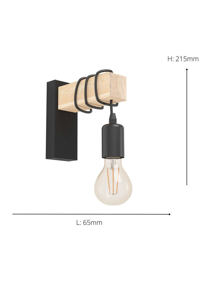 Eglo Townshend wall light black steel and wood 21.5cm - British product