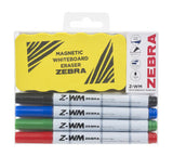 Zebra 3 double-ended whiteboard markers and magnetic eraser (British brand)