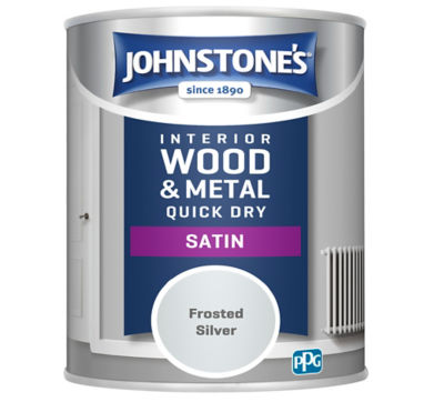 Johnstone's Quick Dry Satin paint in Frosted Silver 750ml, UK version