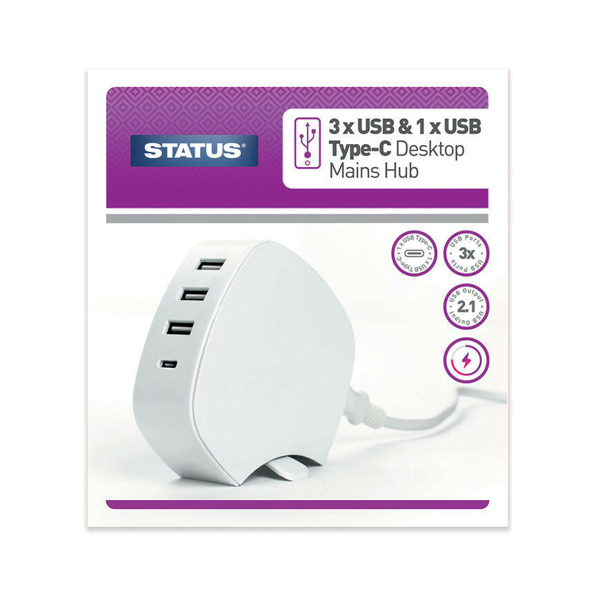 Status 3 x USB & 1 X USB Type C Desktop Mains Hub White GOODS ASDA