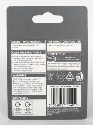 ASDA Long Life Alkaline 9V battery 2-pack - British product