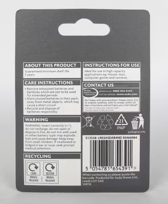 ASDA Super Alkaline AAA Batteries 4 Pack - British product