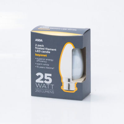 ASDA frosted LED candle bulb 25W 2-pack, imported from the UK