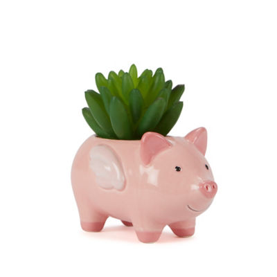 George Home pink pig pot faux succulent 9x6x11cm, UK version