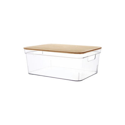 Clear plastic storage basket with bamboo lid (British brand)