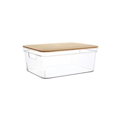 Clear plastic storage basket with bamboo lid (British brand)