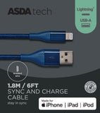 ASDA braided blue lightning cable 1.8m - British product