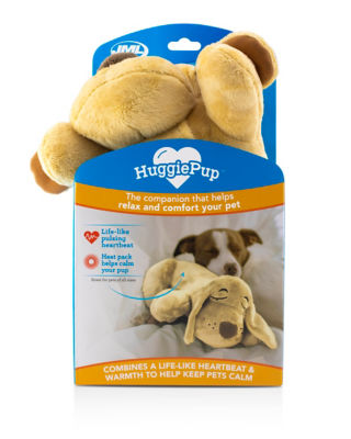Huggie Pup plush pet companion with heartbeat and warming pack, imported from the UK