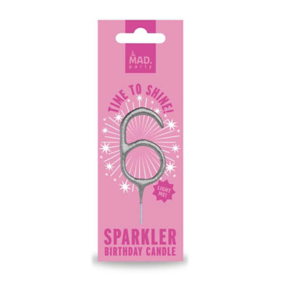 MAD number 6 silver sparkler with plastic holder, imported from the UK