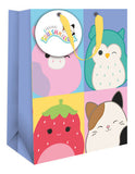 Squishmallows gift bag with colourful characters and ribbon handles (British brand)