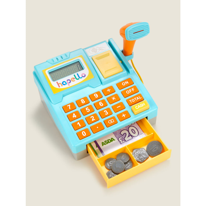 Hapello Asda cash register toy with calculator and play money, UK version