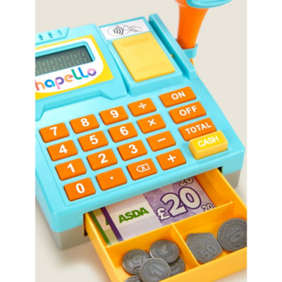 Hapello Asda cash register toy with calculator and play money, UK version