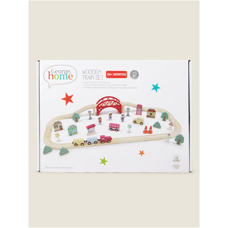 George Home multi-coloured wooden train playset with vehicles and figures 32x23x9.5cm, UK version