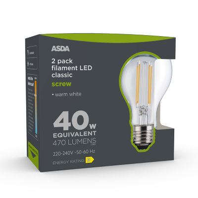 ASDA clear filament lightbulb warm white 2 pack, UK version